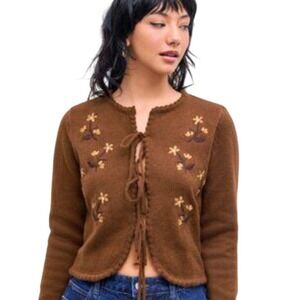 Wild Skye Brown Floral Embroidered‎ Lace Up Cardigan Sweater XS